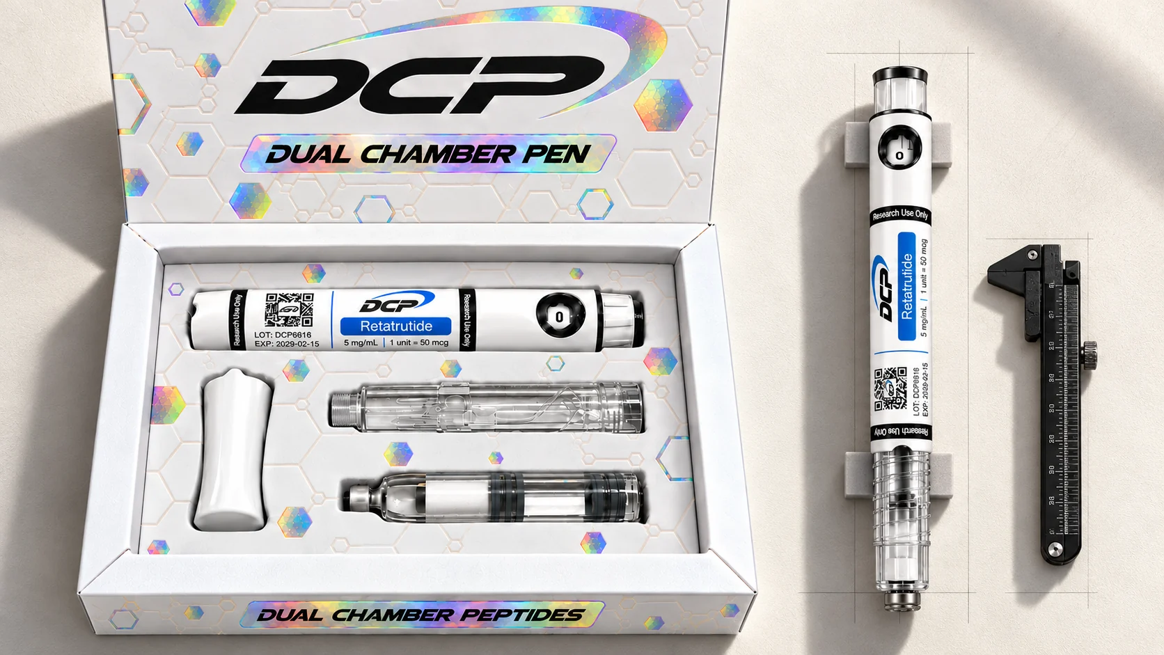 Dual Chamber Peptides — Redakcinė produktų kompozicija; tai nėra tikrų patalpų, priedų ar tyrimų rezultatų nuotrauka.