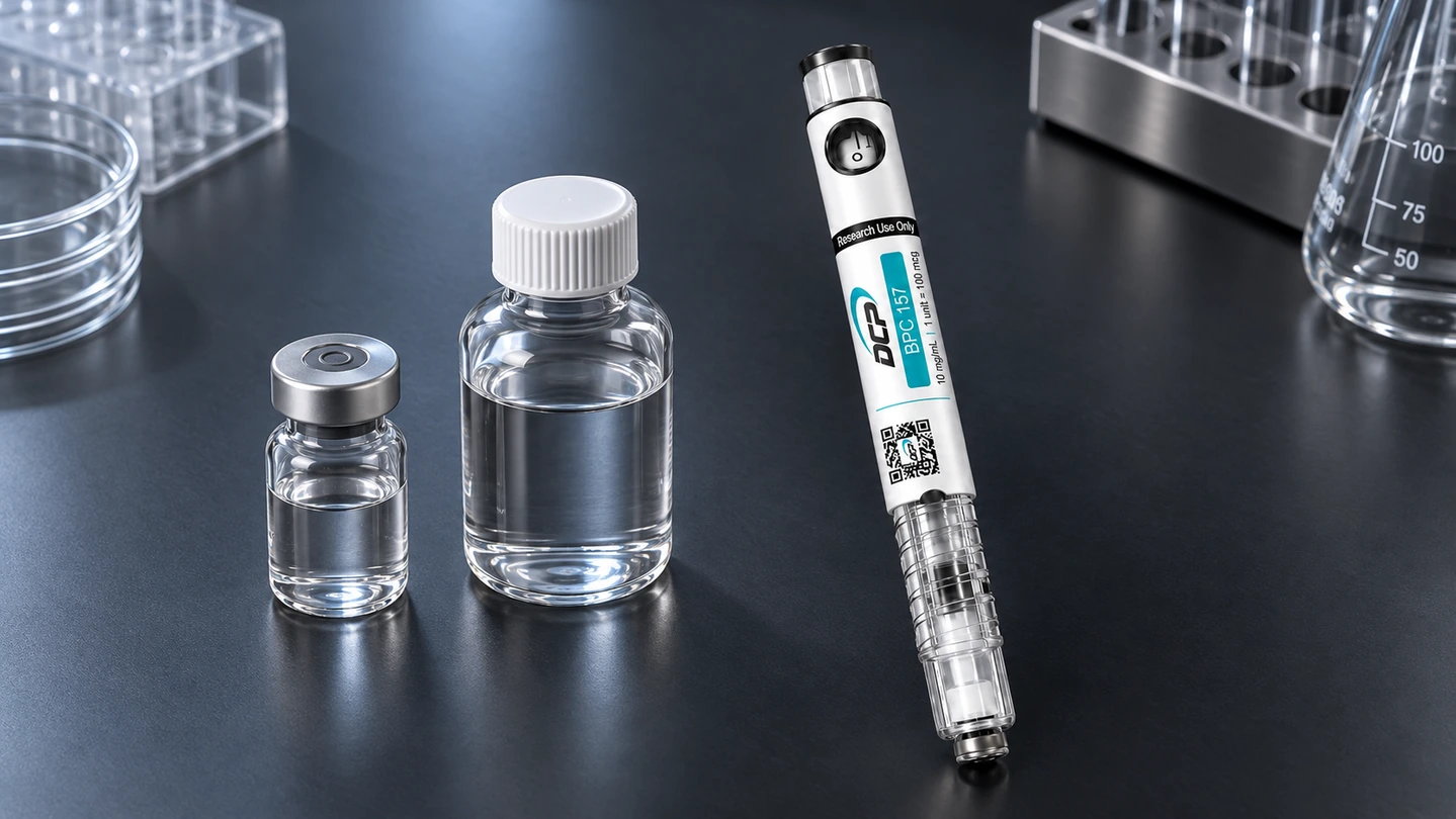 „Dual Chamber Peptides“ švirkštiklis šalia įprasto buteliuko, tirpiklio buteliuko ir supakuotos laboratorinės įrangos